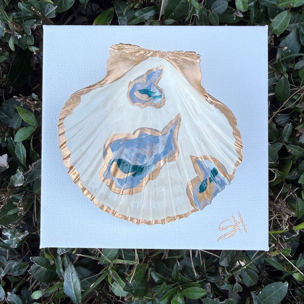 Hand Painted Seashell Art with blue oyster design